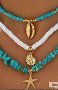 3-Piece Set – Soft Ceramic Turquoise Necklace with Metallic Seashell, Conch Shell & Starfish Pendants