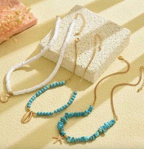 3-Piece Set – Soft Ceramic Turquoise Necklace with Metallic Seashell, Conch Shell & Starfish Pendants