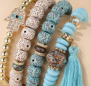 4-Piece Set – Rhinestone Hamsa Hand & Tassel Charm Multi-Layer Beaded Bracelet