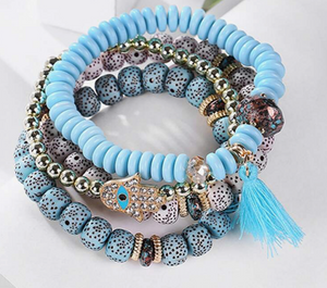 4-Piece Set – Rhinestone Hamsa Hand & Tassel Charm Multi-Layer Beaded Bracelet