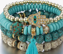 Load image into Gallery viewer, 4-Piece Set – Rhinestone Hamsa Hand &amp; Tassel Charm Multi-Layer Beaded Bracelet
