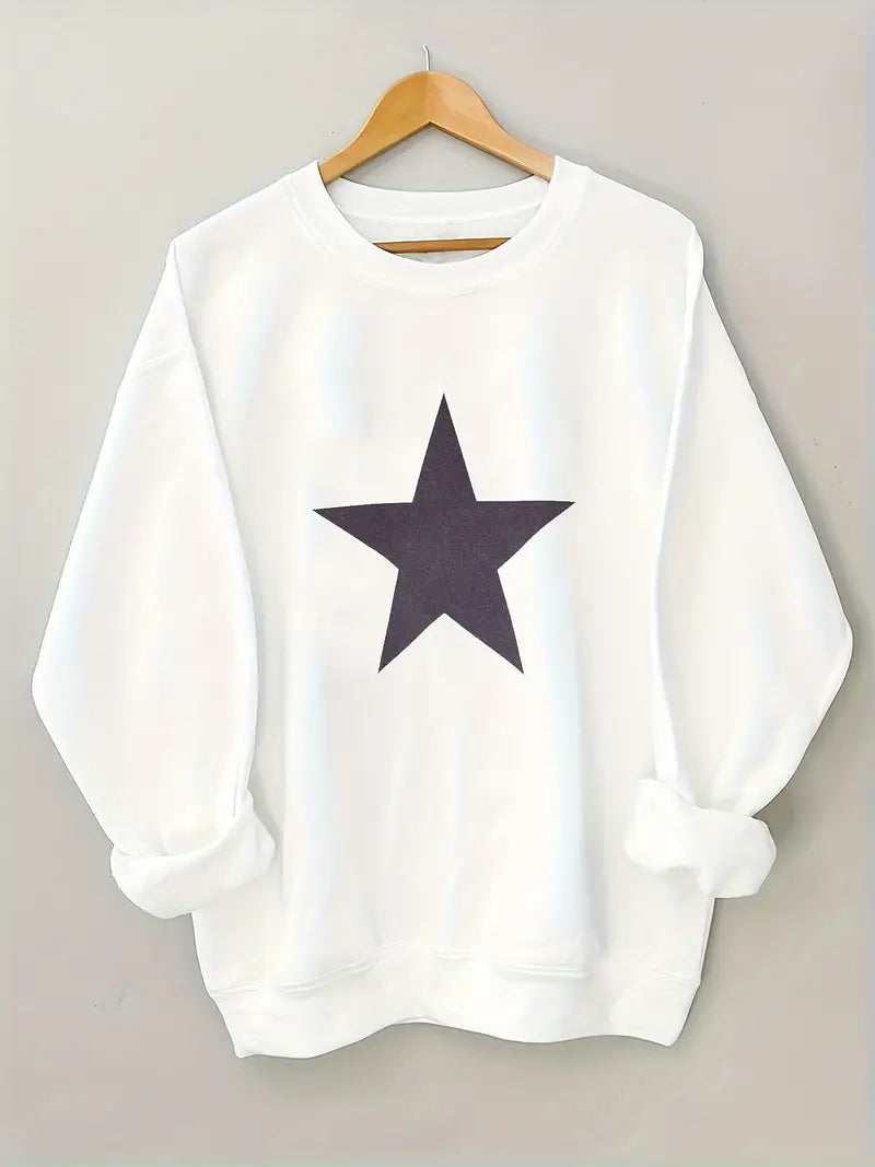 Star Print Sweatshirt Crew Neck Casual Sweatshirt White with Navy Sta Feathers Of Italy