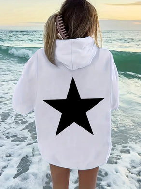 Star Hoodie Print Sweatshirt, Casual Sweatshirt White with Black Star
