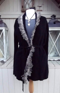 Luxury 100% Cashmere Coat with Guinea Fowl Feather Trim in Jet Black By Feathers Of Italy - Feathers Of Italy 