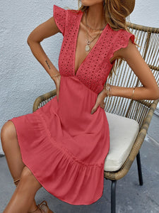 Italian Amalfi Cap Sleeved Eyelet Embroidery Ruffle Hem Dress in Watermelon Pink 