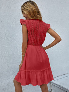 Italian Amalfi Cap Sleeved Eyelet Embroidery Ruffle Hem Dress in Watermelon Pink 