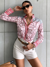 Load image into Gallery viewer, Designer Graphic Print Button Up Blouse Pink Daisy Feathers Of Italy 
