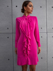 Rome Ruffle Mock Neck Single Breasted Belted Dress in Shocking Pink