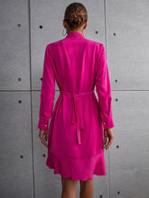 Load image into Gallery viewer, Rome Ruffle Mock Neck Single Breasted Belted Dress in Shocking Pink
