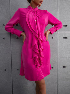 Rome Ruffle Mock Neck Single Breasted Belted Dress in Shocking Pink