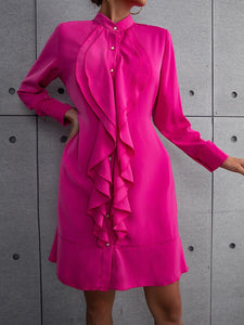 Rome Ruffle Mock Neck Single Breasted Belted Dress in Shocking Pink 