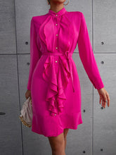 Load image into Gallery viewer, Rome Ruffle Mock Neck Single Breasted Belted Dress in Shocking Pink 
