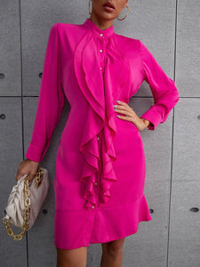 Rome Ruffle Mock Neck Single Breasted Belted Dress in Shocking Pink 