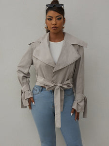 Feathers Of Italy Capri Lapel Neck Belted Crop Jacket - Silver