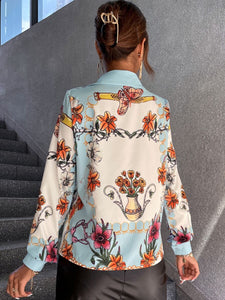 Florence Floral And Butterfly Print Button Up Blouse Blue feathers of italy