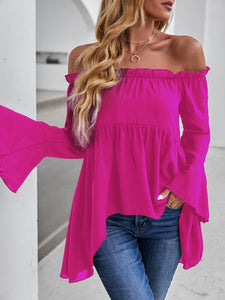 Feathers Of Italy Pompeii Off-shoulder Flounce Sleeve High Low Blouse