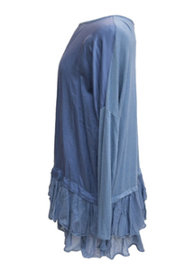 Silk Ruffle Bottom Oversized Jersey Tunic  in Blue Made In Italy - Feathers Of Italy 