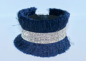 Bari Fringe Diamante Encrusted Cuff Bracelet in Navy - Feathers Of Italy | Feathers Of Italy 