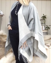 Load image into Gallery viewer, Bordered Reversible Wrap Cape in Cream &amp; Grey | Feathers Of Italy 
