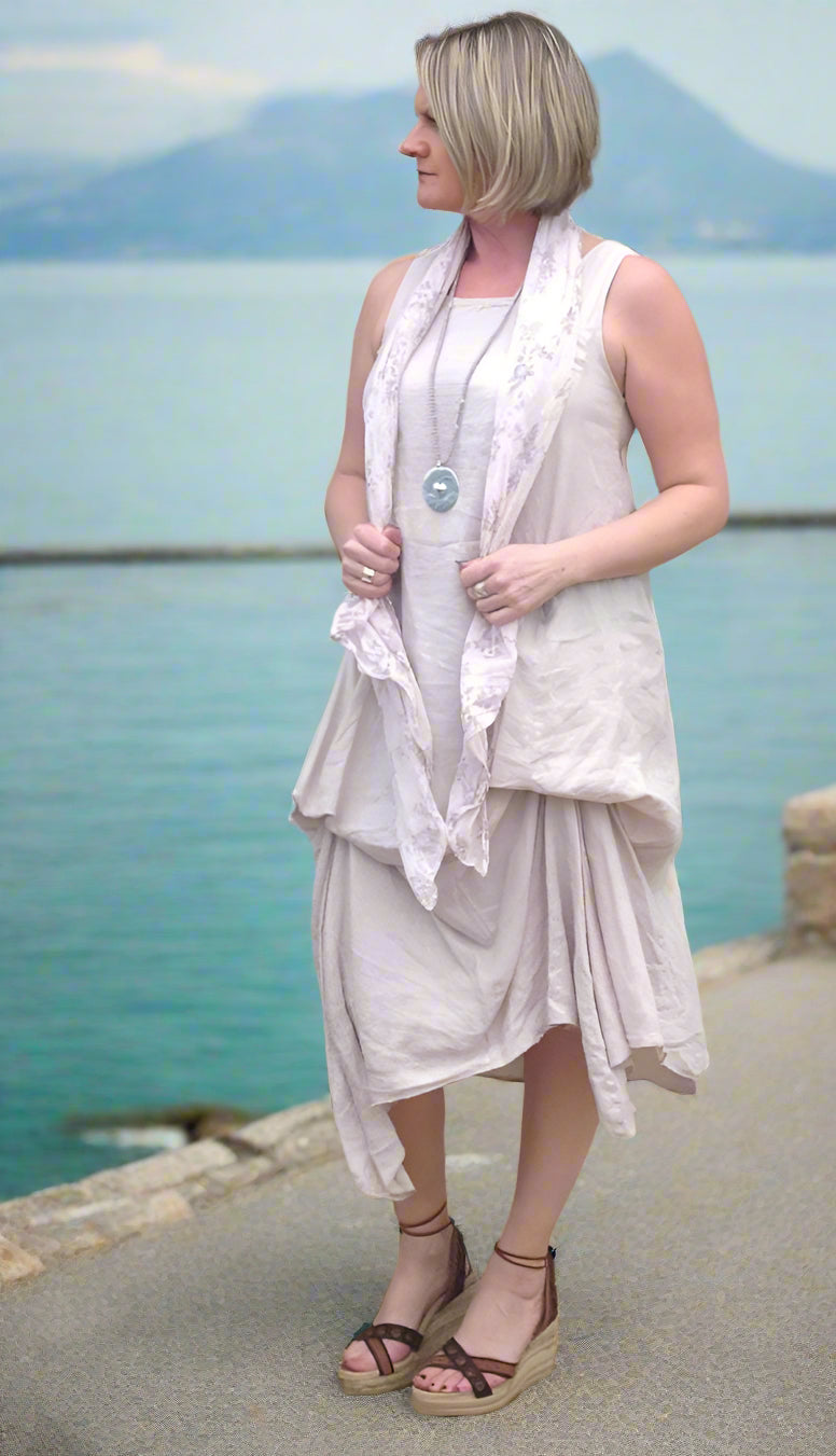 knee length dresses for ladies Cameo Parachute Linen Dress In Stone Made In Italy By Feathers Of It –  Feathers Of Italy