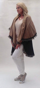 Cashmere Reversible Wrap with Feather Trim in Caramel & Black | Feathers Of Italy 