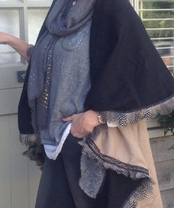 Cashmere Reversible Wrap with Feather Trim in Caramel & Black | Feathers Of Italy 