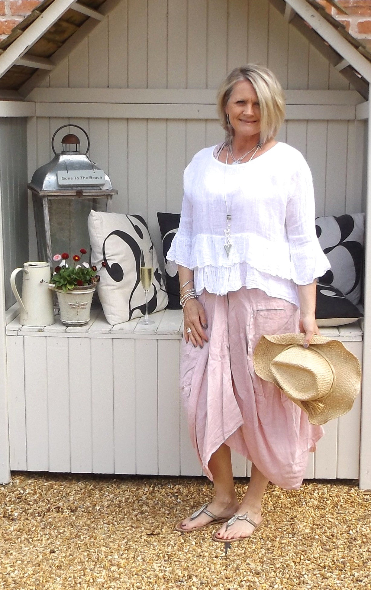 Long Linen Maxi Dress in Pink Feathers Of Italy