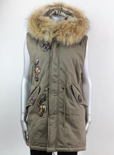 Load image into Gallery viewer, Fur Hood Parker Gilet with sequinned detail in Green - Feathers Of Italy 
