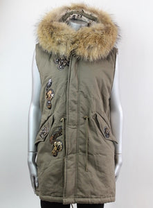 Fur Hood Parker Gilet with sequinned detail in Green - Feathers Of Italy 