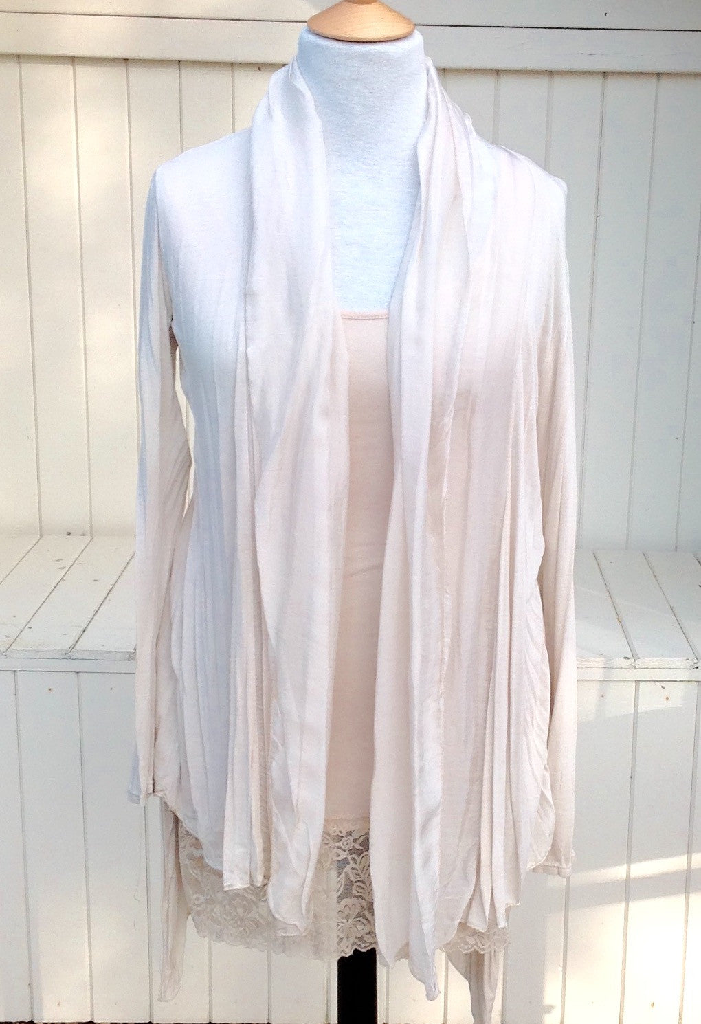 Silk and Jersey Flute layered front detail Cardigan Wrap in Vanilla One Size - Feathers Of Italy 