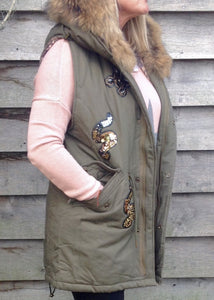 Fur Hood Parker Gilet with sequinned detail in Green - Feathers Of Italy 