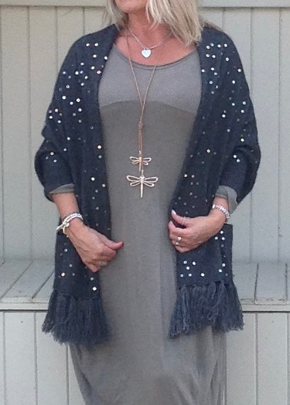 Luxury Cashmere Sequined Wrap in Slate Grey - Feathers Of Italy 