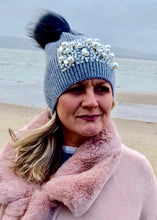 Load image into Gallery viewer, Pearls and Diamonds Knitted Real Fur Bobble Hat in Grey by Feathers Of Italy One Size - Feathers Of Italy 
