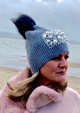 Load image into Gallery viewer, Pearls and Diamonds Knitted Real Fur Bobble Hat in Grey by Feathers Of Italy One Size - Feathers Of Italy 
