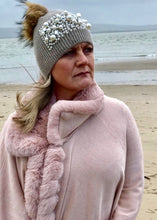 Load image into Gallery viewer, Pearls and Diamonds Knitted Real Fur Bobble Hat in Mocha - Feathers Of Italy 
