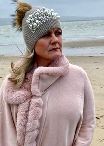 Pearls and Diamonds Knitted Real Fur Bobble Hat in Mocha - Feathers Of Italy 