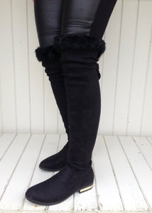 The Kensington Over the knee luxury flat boot with gold in-lay heal and real fur trim in Black - Feathers Of Italy 