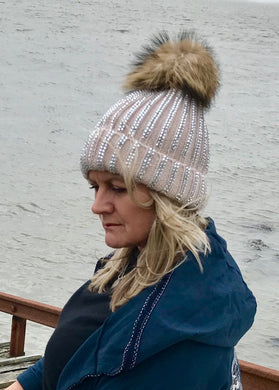 florence knitted diamonte real fur bobble hat