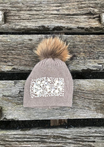 Pearls and Diamonds Knitted Real Fur Bobble Hat in Mocha - Feathers Of Italy 