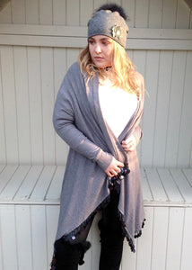 Julietta Super Lux Cardigan Coat With Seqined Trimmed Edge in Grey - Feathers Of Italy 