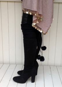 The Knightsbridge High Boot Over The Knee With Fur Pom Pom Detail In Black - Feathers Of Italy 