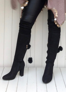 The Knightsbridge High Boot Over The Knee With Fur Pom Pom Detail In Black - Feathers Of Italy 