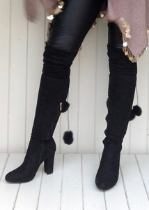 The Knightsbridge High Boot Over The Knee With Fur Pom Pom Detail In Black - Feathers Of Italy 