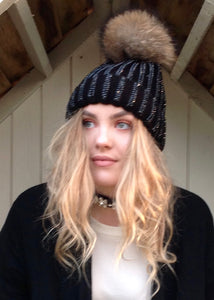 Florence Knitted Diamonte Real Fur Bobble Hat in Black with black Diamonds - Feathers Of Italy 