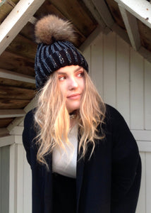 Florence Knitted Diamonte Real Fur Bobble Hat in Black with black Diamonds - Feathers Of Italy 