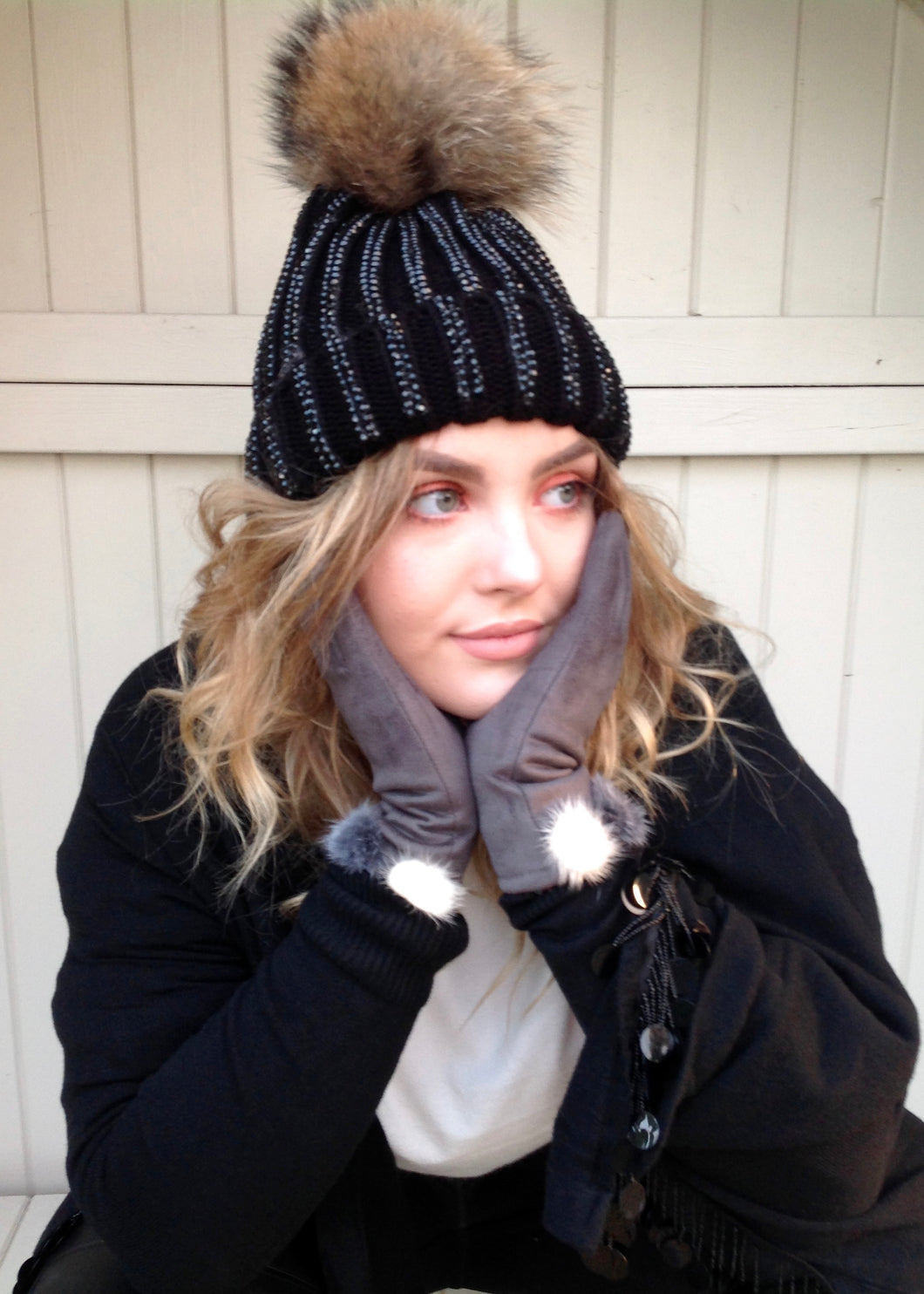 Florence Knitted Diamonte Real Fur Bobble Hat in Black with black Diamonds - Feathers Of Italy 