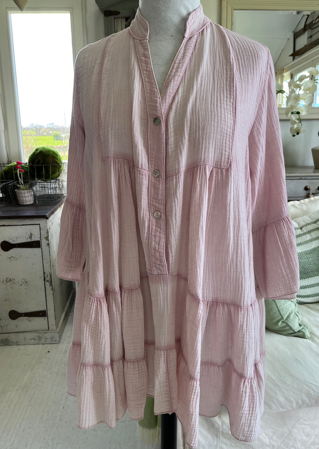 Milan Casual Cheese Cloth Washed Smock Dress - Pink  Feathers Of Italy