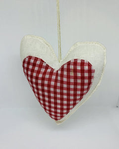 Hand Made Fabric Hanging Heart - Red and White Checked - White Linen