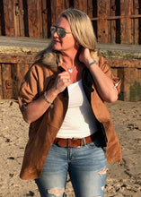 Load image into Gallery viewer, Suedette Positana Jacket in Caramel with Zip Detail and Fur Trim Hood By Feathers Of italy One Size - Feathers Of Italy 
