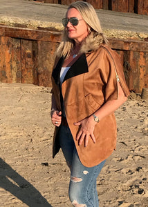 Suedette Positana Jacket in Caramel with Zip Detail and Fur Trim Hood By Feathers Of italy One Size - Feathers Of Italy 